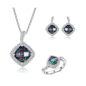 ST2424 Square Mystic Fire CZ With Small White CZ Around Earring/Pendant /Ring Jewelry Set In Sterling Silver  From China Top Jewelry Supplier