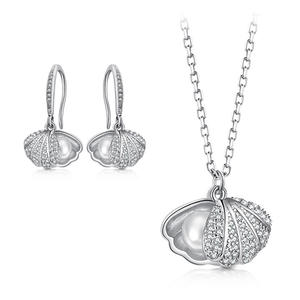 ST2619-Clamshell Shape Fishhook Earring & Necklace With 6mm Pearl & Wax Setting White CZ In Sterling Silver Plated Rhodium From China Jewelry Manufactuer