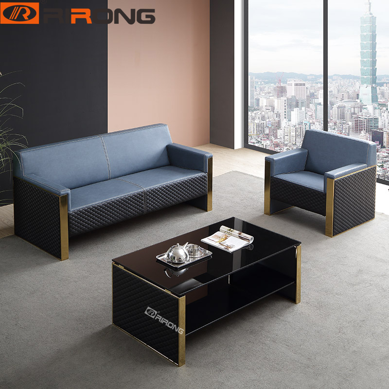 Blue Genuine Leather office sofa set