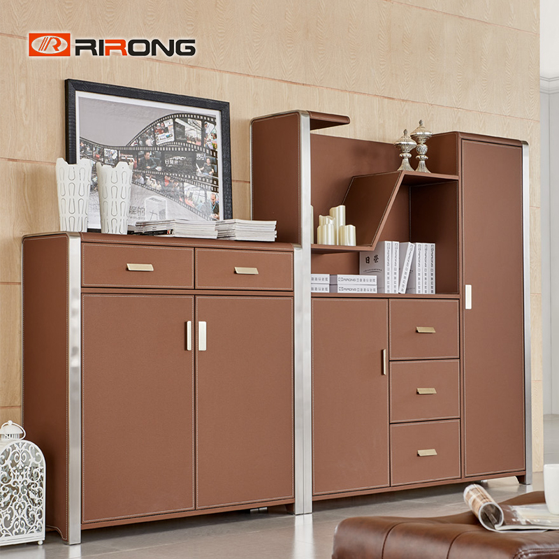 Brown Leather Bookcase Book Shelve Steel Office Storage Cabinets filling cabinet