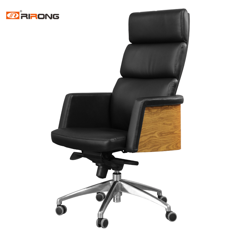 Black Leather Executive Wooden Walnut Office Chair 