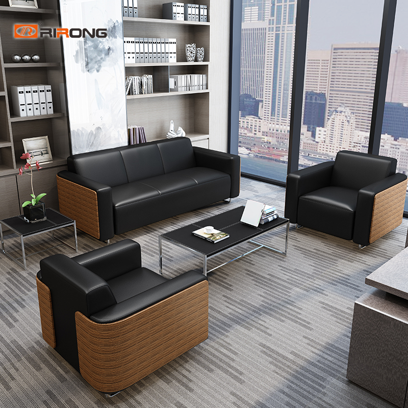  Black Grey Leather Walnut Wooden Office Sofa Set