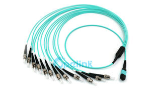 12 Fibers MPO Fanout Cable: MPO Female To 12 ST/UPC Fiber Optic PatchCord, 10G OM3 Multimode, LSZH Aqua