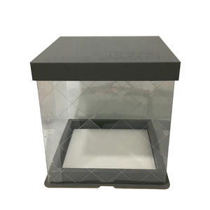 Grey cake gift Box with logo printed ribbon, transparent plastic body wrap 