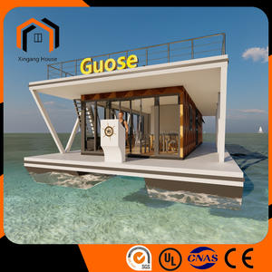 Floating houseboat is made of light steel.