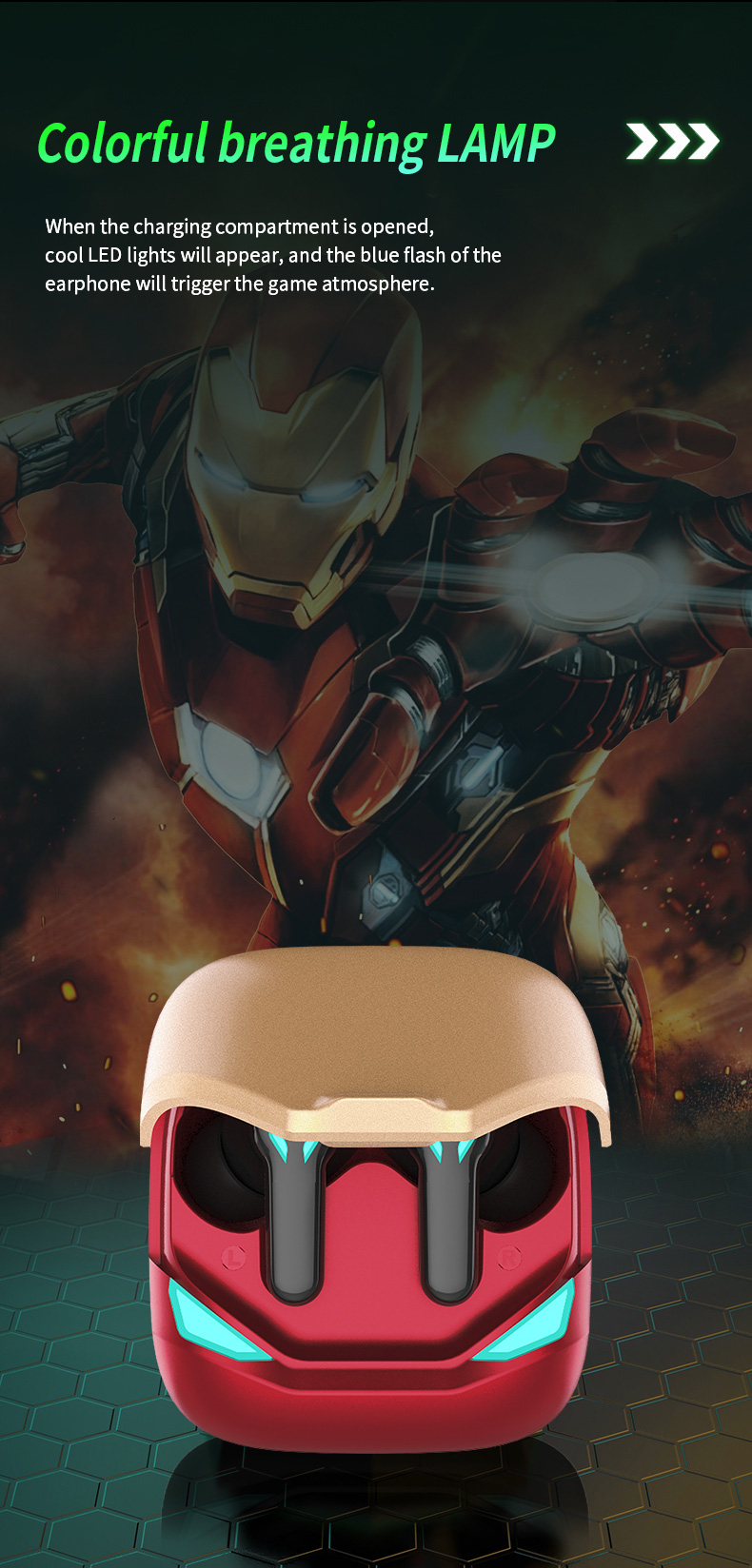 Exquisite Iron Man GT1 Bluetooth gaming headset, wireless earbuds touch control call headset/with microphone