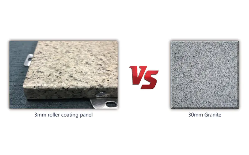 Comparación entre el panel sólido de revestimiento de rodillos de aluminio Togen con acabado en relieve de piedra y el panel de piedra