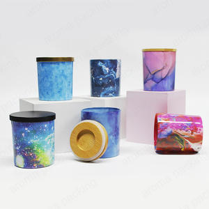 Round Bottom Water Transfer Printing Colorful Glass Candle Jar With Custom Lid