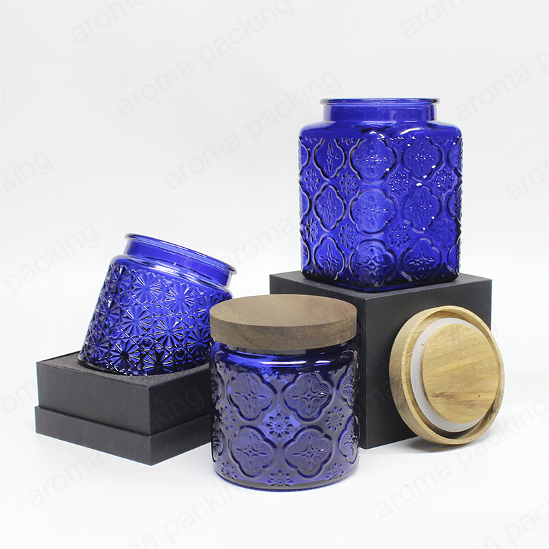 Embossed Blue Glass Storage Jar,For Storage,Daily Kitchen Use,Candle Making