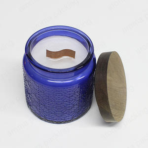 High Quality Round Bottom Blue Embossed Glass Candle Jar With Wooden Lid