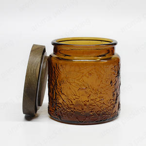 Hot Sale UV Protection Embossed Amber Glass Storage Jar With Wooden Lid