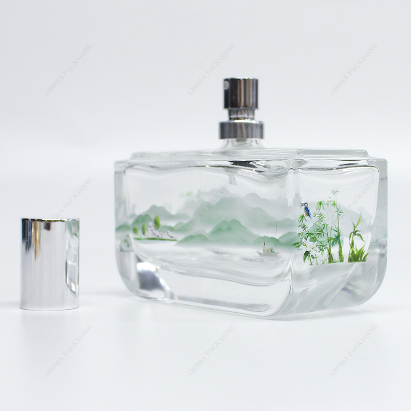 Free Sample 2023 New Landscape Patterns Square Glass Perfume Bottle With Pump