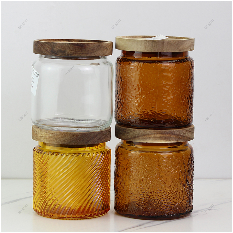 Hot Sale Embossed Amber Clear Glass Storage Jar With Wooden Lid