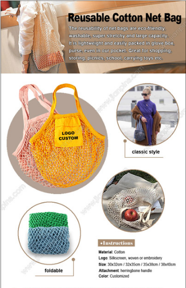 wholesale reusable cotton net bag with printing net bag designs