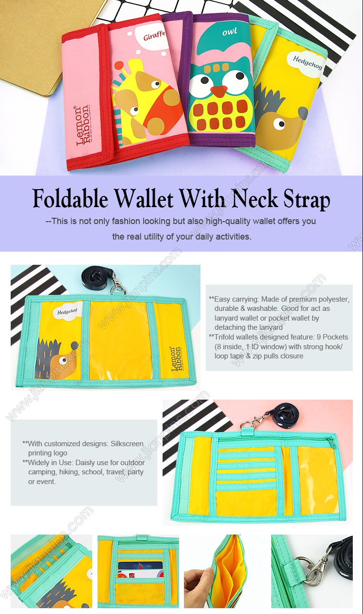 Foldable Wallet With Neck Strap trifold wallet with 9 pockets