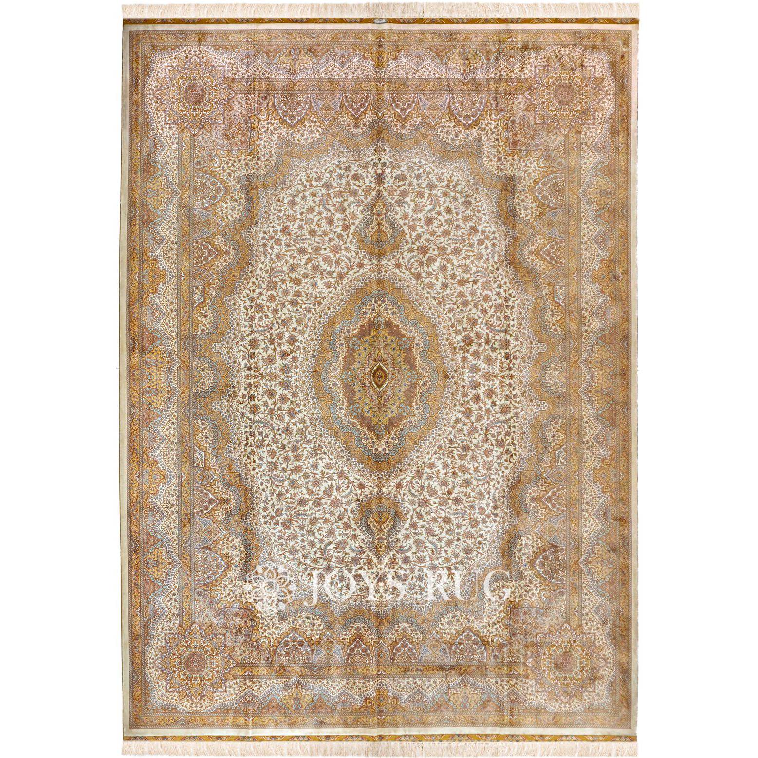 Beige Persian rug JST-1080 10x14 big sized luxury silk carpet medallion design