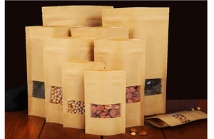 Doypack Bolsa de papel marrón de pie con ventana y cremallera