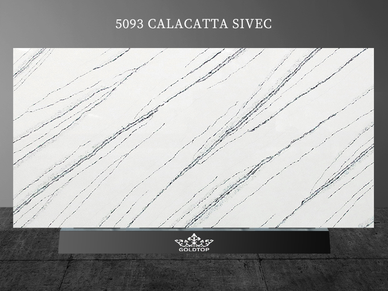 Calacatta Sivec white quartz with blue veins
