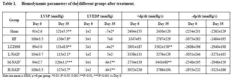 Hemodynamic parameters of the different groups after treatment