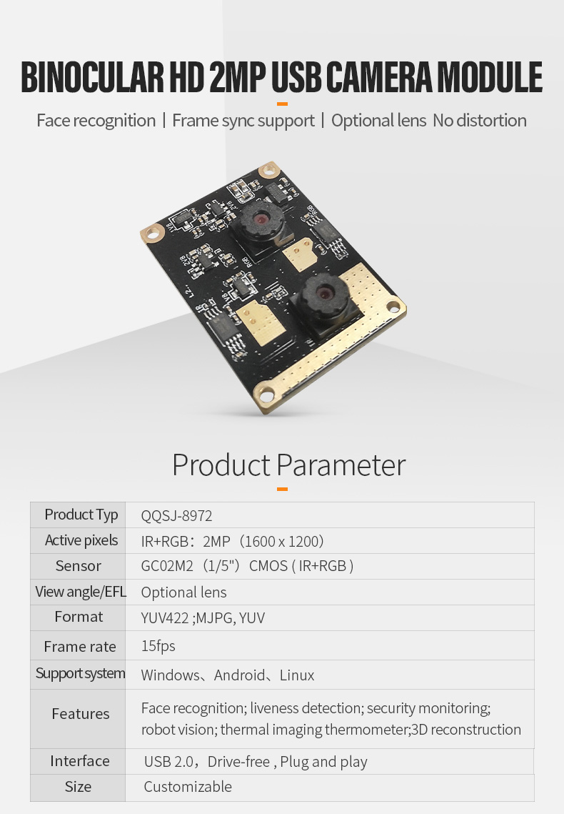 2mp Gc02m2 Frame Synchronous Usb Binocular Ir+rgb 3d Face Recognition Live Detection Camera Module