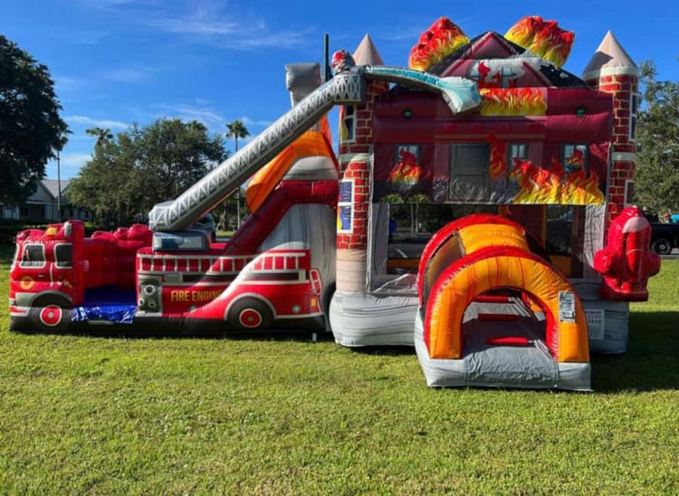 Fire Truck Inflatable Jump Slide Combo Commercial Bounce House